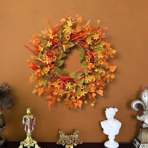 24 Inch Fall Wreath Front Door Decor with Berries and Leaves