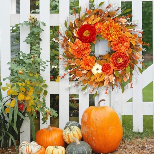 ICX 24-26 Inch Fall Wreath with Pumpkin Peonies Hydrangea