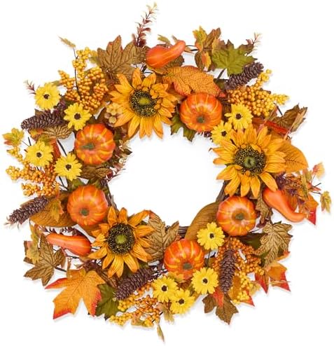 24 Inch Fall Wreath for Front Door Pumpkin Autumn Decor with Silk Leaves