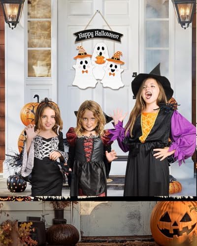 Wooden Halloween Wreath - Ghost Door Decor Hanging Sign for Home Wall Decor Party Supplies