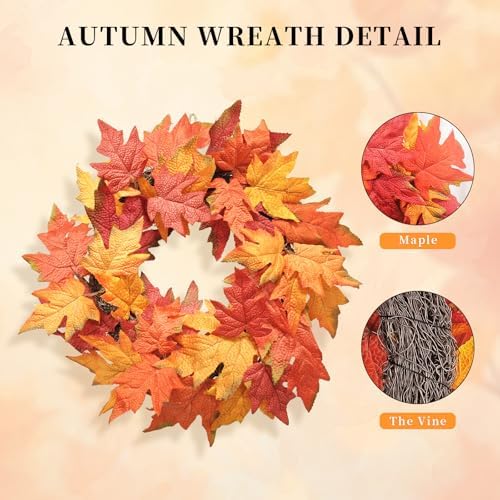 Artificial Fall Wreath for Front Door - 18 Inch Maple Leaf Autumn Decor