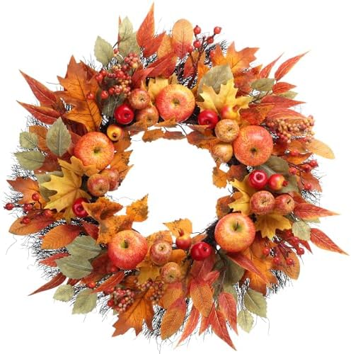 Fall Wreath for Front Door - 22 Inch Autumn Harvest Decor with Realistic Apples Berries Pomegranates and Maple Leaves