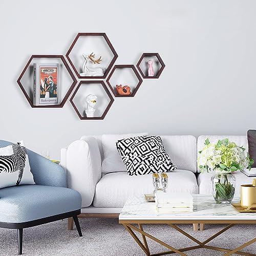 PHOENANCEE Hexagon Floating Shelves Set of 5 Driftwood Finish