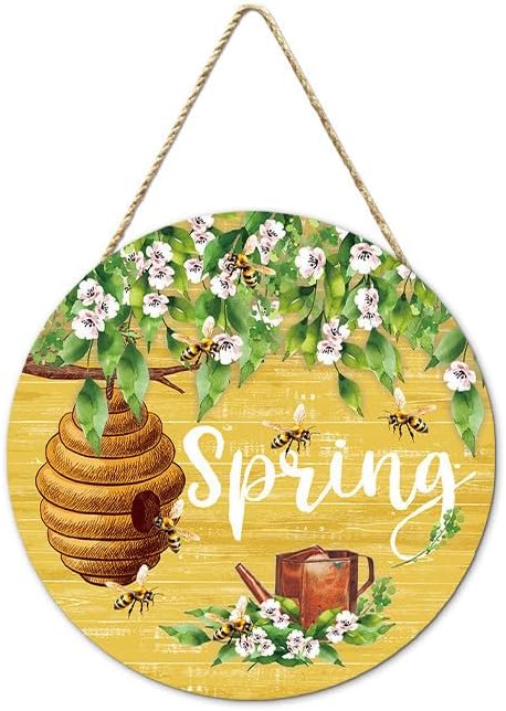 Spring Door Sign 114 Inch Round Wooden Decorative Wreath with Bees Nectar Scene Farmhouse Porch Decor