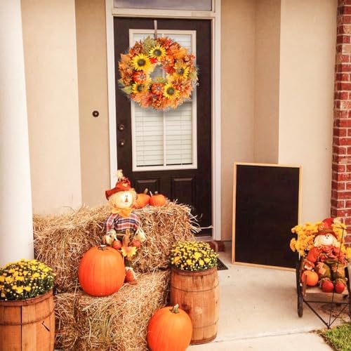 23 Inch Fall Wreath with Pumpkins Sunflowers Daisies and Maple Leaves