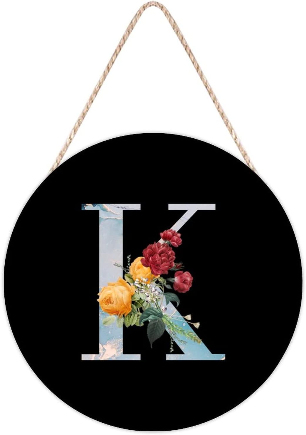 Farmhouse Front Door Hanger Flower Bouquet Custom Initial Letter K Wood Sign 10x10in