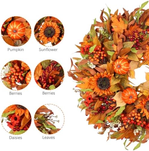 24 Inch Fall Wreath for Front Door Autumn Decor with Pumpkins Sunflowers Daisies Berries