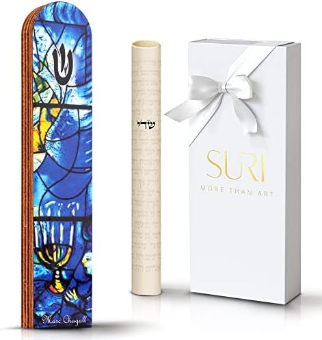 SURI Wooden Mezuzah with Blue Scroll 5 Inch Decorative Door Ornament