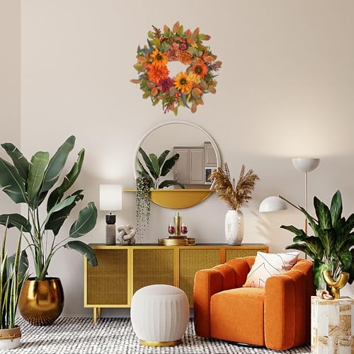 24-26 Inch Fall Wreath with Orange Artificial Pumpkin for Autumn Front Door Decor