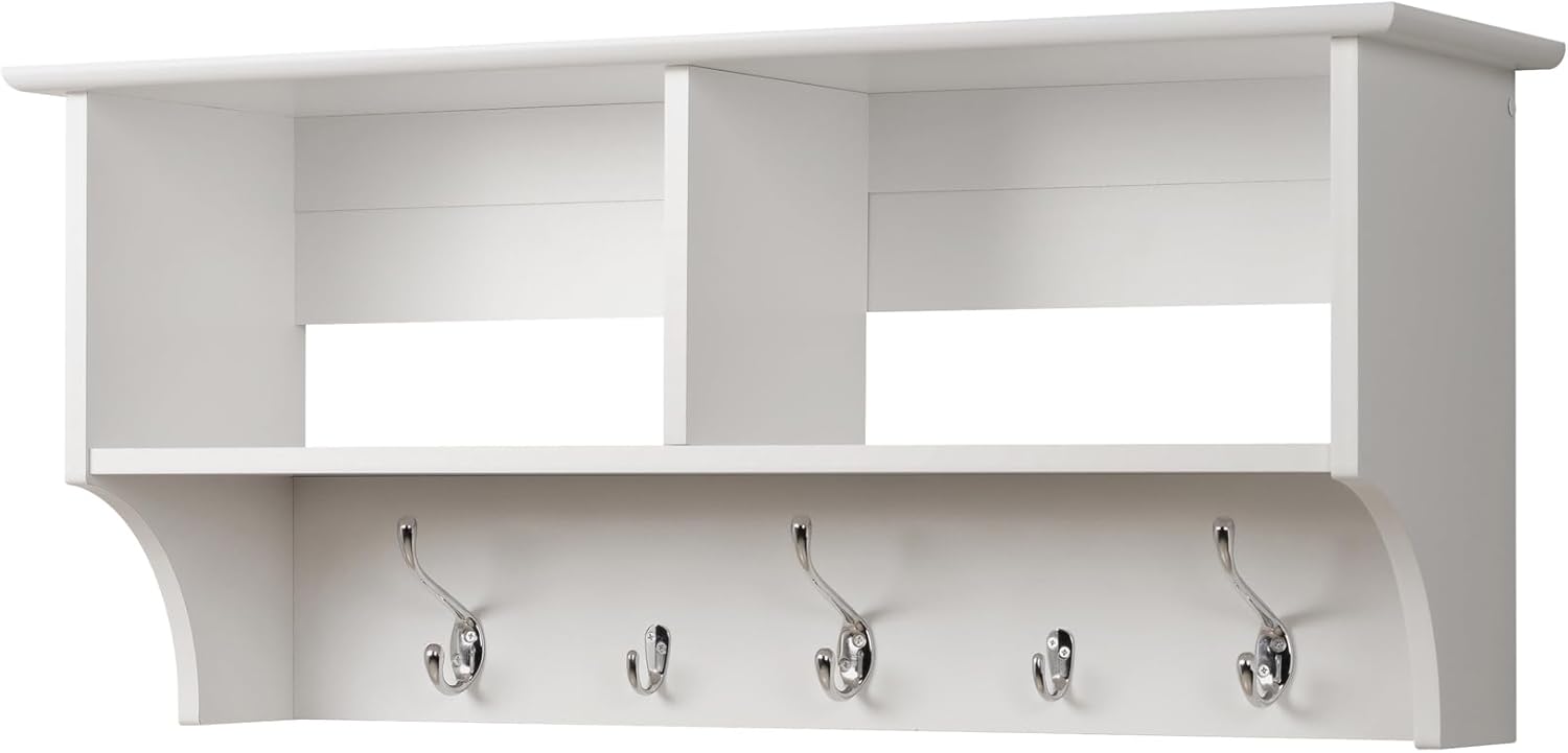 Prepac 36 Inch White Wall Mounted Coat Rack with 2 Shelves