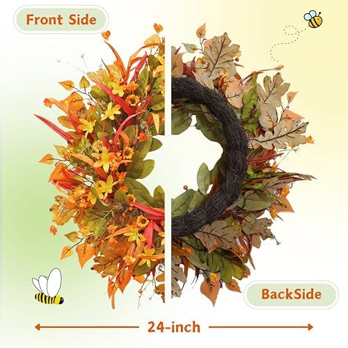 24 Inch Fall Wreath Front Door Decor with Berries and Leaves