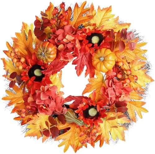 23 Inch Fall Wreath with Pumpkins Sunflowers Daisies and Maple Leaves