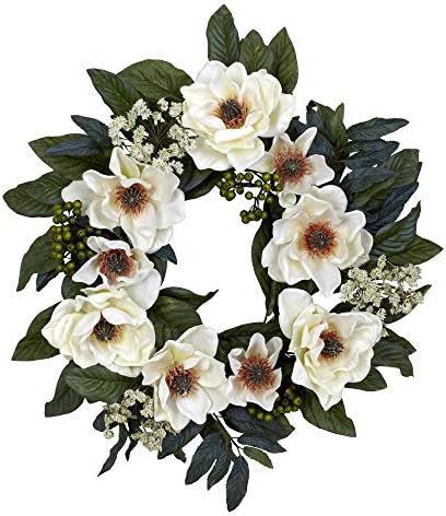 Nearly Natural 22in Magnolia Wreath White