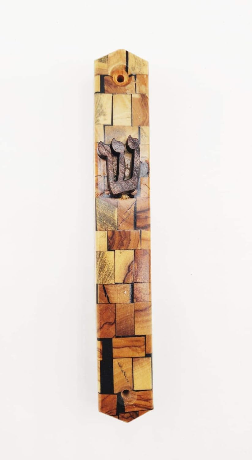 Jerusalem Pearls Olive Wood Mezuzah with Shin Shadai