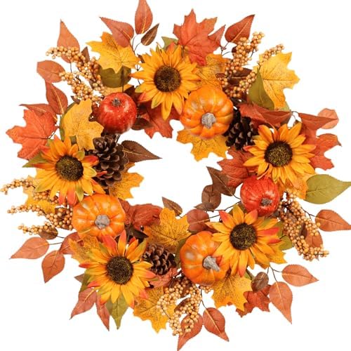 Pudate 22 Inch Fall Wreath with Sunflowers Pumpkins Pinecones Berries