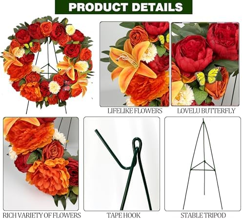 HENOMO Autumn Wreath with Stand 24 Inch Decorations for Gravesite