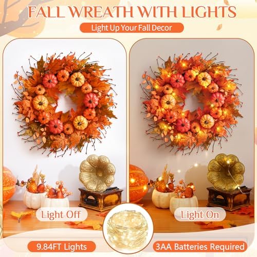 Fall Wreath for Front Door with Pumpkins Leaves 20 Inch Autumn Decor