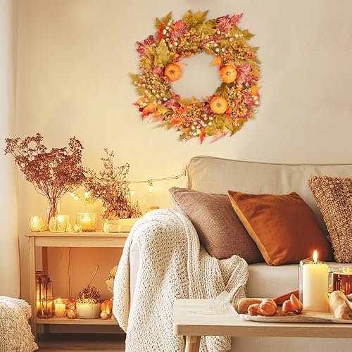 GENMOUS Fall Door Wreath with Pumpkins and Maple Leaves