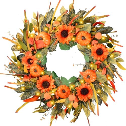 Sggvecsy 24 Inch Fall Wreath with Pumpkins and Sunflowers