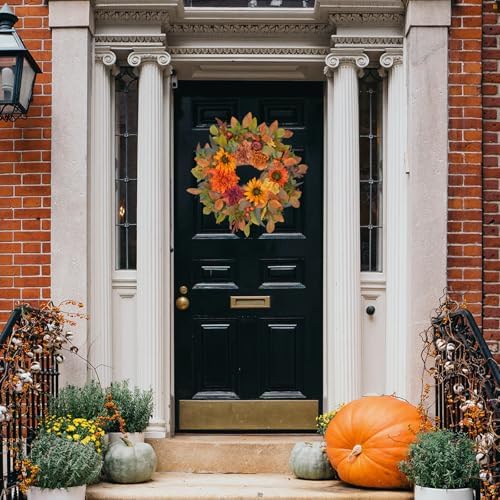 24-26 Inch Fall Wreath with Orange Artificial Pumpkin for Autumn Front Door Decor