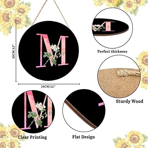 Farmhouse Door Hanger White Flower Pink Letter M Wood Sign