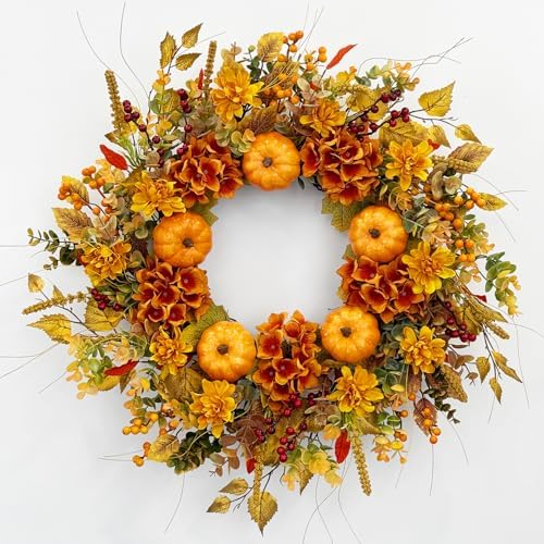 24 Inch Fall Door Wreath with Pumpkins and Hydrangeas