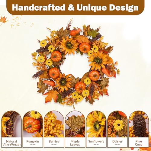 24 Inch Fall Wreath for Front Door Pumpkin Autumn Decor with Silk Leaves