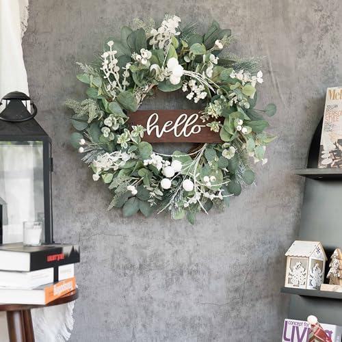 Soomeir 24 Inch Winter Door Wreath with Snow Leaves and Pine Needles
