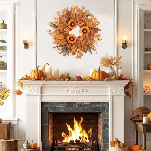 24 Inch Fall Wreath with Sunflowers and Pumpkins