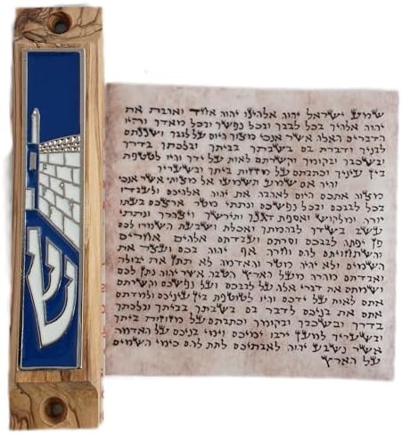 Olive Wood Blue Enamel Door Mezuzah Case with Scroll and Nails