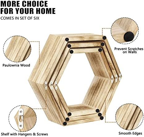 Set of 6 Wooden Hexagon Floating Shelves for Home Decor