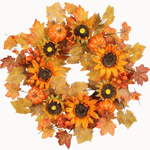 Zhemobang 22 Inch Fall Wreath with Sunflowers and Pumpkins
