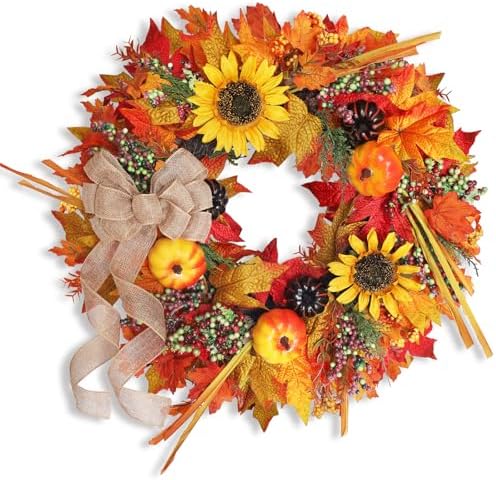 20 Inch Autumn Wreath with Pumpkins and Sunflowers