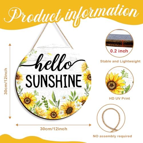 Artinme Summer Decor Wreath 12x12 Inch Hello Sunshine