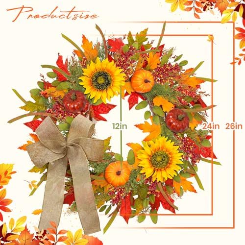 24-26 Inch Fall Wreath with Sunflowers Pumpkins Bows and Berries