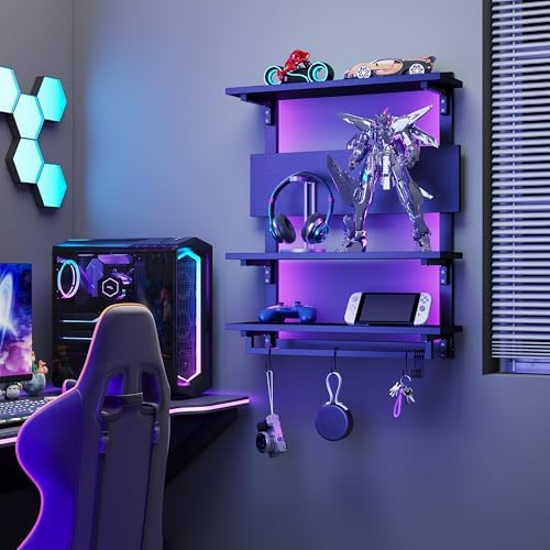 Spacesea Foldable Gaming Floating Shelf with LED Light and Hooks
