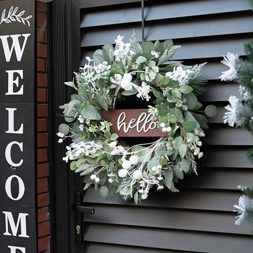 Soomeir 24 Inch Winter Door Wreath with Snow Leaves and Pine Needles