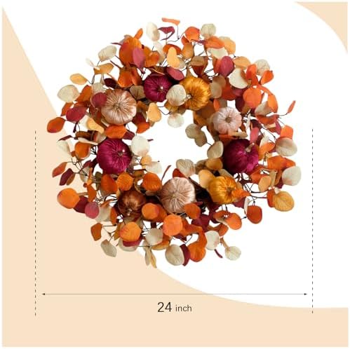 24 Inch Fall Eucalyptus Velvet Pumpkin Wreath for Front Door