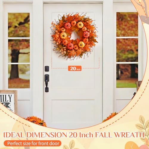 Fall Wreath for Front Door with Pumpkins Leaves 20 Inch Autumn Decor