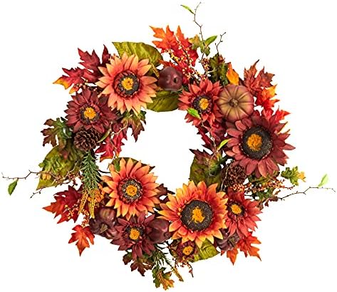 Nearly Natural 24in Autumn Fall Wreath with Sunflowers Pumpkins and Berries