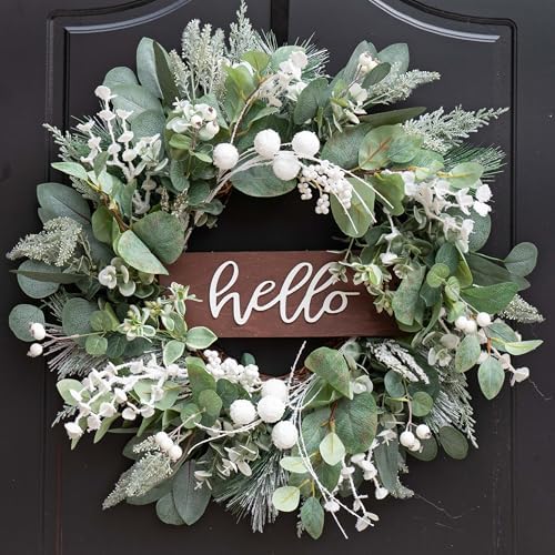 Soomeir 24 Inch Winter Door Wreath with Snow Leaves and Pine Needles