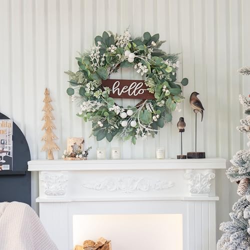 Soomeir 24 Inch Winter Door Wreath with Snow Leaves and Pine Needles