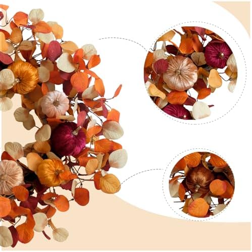 24 Inch Fall Eucalyptus Velvet Pumpkin Wreath for Front Door