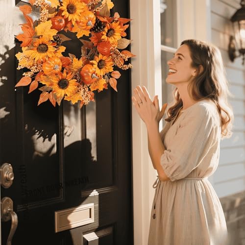 Pudate 22 Inch Fall Wreath with Sunflowers Pumpkins Pinecones Berries