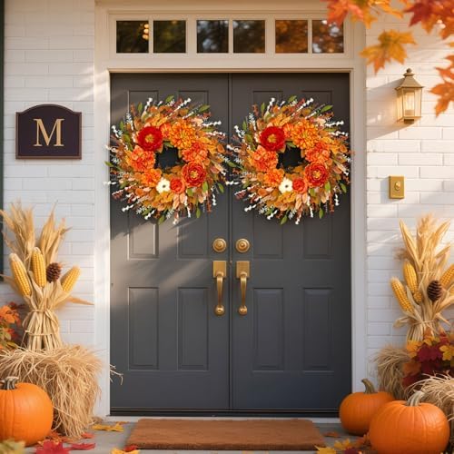 ICX 24-26 Inch Fall Wreath with Pumpkin Peonies Hydrangea