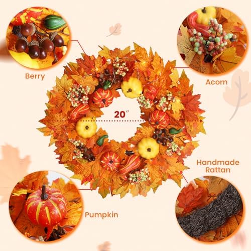 20 Inch Autumn Front Door Wreath with Lights