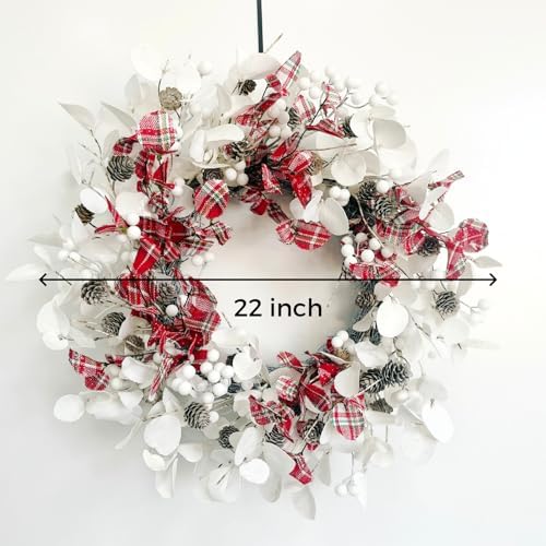20 Inch White Eucalyptus Wreath with Red Plaid Leaves for Christmas and Winter Decor