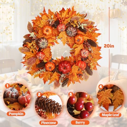 20 Inch Fall Wreath for Front Door Autumn Decor