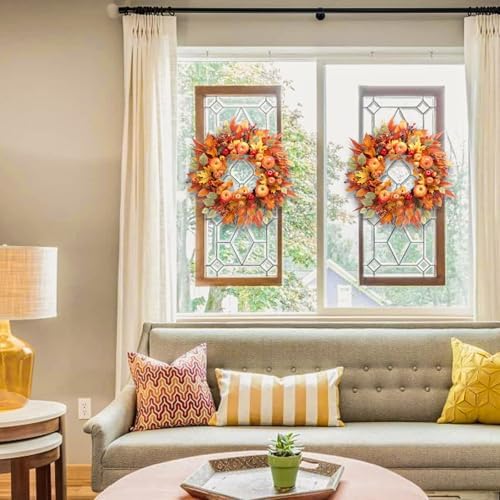 Fall Wreath for Front Door - 22 Inch Autumn Harvest Decor with Realistic Apples Berries Pomegranates and Maple Leaves