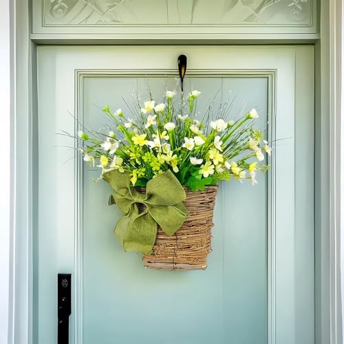 Cream Hydrangea Wreath Door Hanger Basket - Farmhouse Decor with Wildflowers